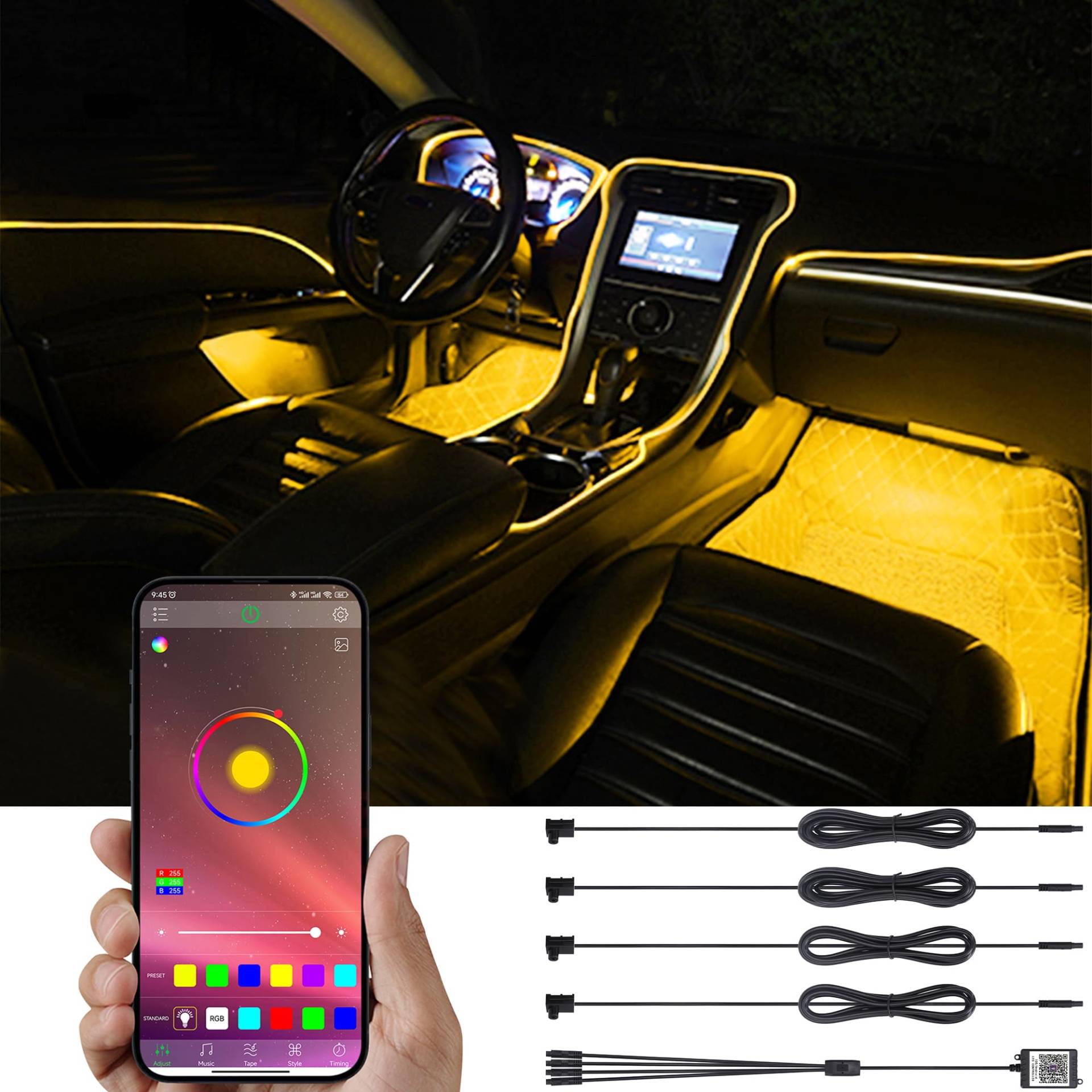 TABEN Auto-Umgebungsbeleuchtungs-Kit, 4 in 1 mit 4m Fiber Optic Multicoloured Car Atmosphere Lighting Kit, Musik-Rhythmus-Sound-Aktiver Speicherfunktion und Bluetooth-APP-Steuerung DC 12V von TABEN
