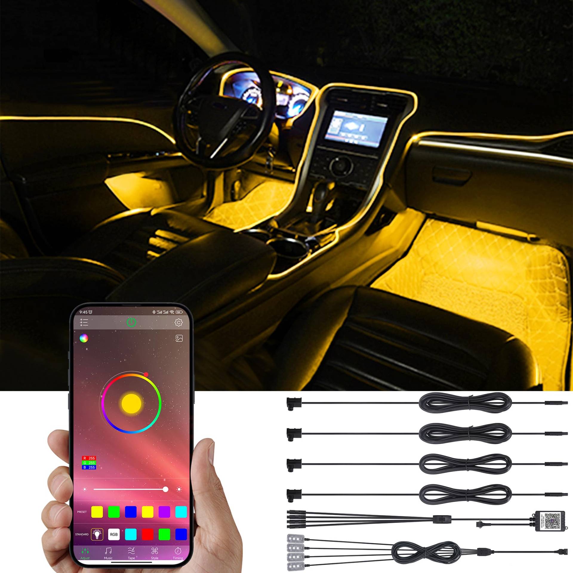 TABEN Auto-Umgebungsbeleuchtungs-Kit, 4 in 1 mit 5m Fiber Optic Multicolored Fußraum-Atmosphären-Beleuchtungs-Kit, Musik-Rhythmus-Sound Aktive Speicherfunktion Bluetooth APP-Steuerung DC 12V von TABEN