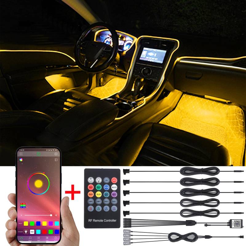 TABEN Auto-Umgebungsbeleuchtungs-Kit, 5 in 1 mit 6 m mehrfarbiger Glasfaser-Fußraumbeleuchtung, Musik-Rhythmus-Sound, aktiver Speicherfunktion, drahtloser Fernbedienung und Bluetooth-APP-Steuerung 12V von TABEN