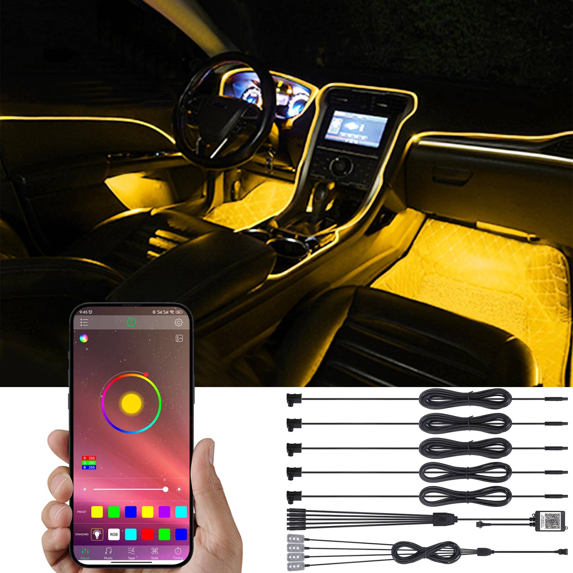 TABEN Auto-Umgebungsbeleuchtungs-Kit, 5 in 1 mit 6m Fiber Optic Multicolored Fußraum-Atmosphären-Beleuchtungs-Kit, Musik-Rhythmus-Sound Aktive Speicherfunktion Bluetooth APP-Steuerung DC 12V von TABEN