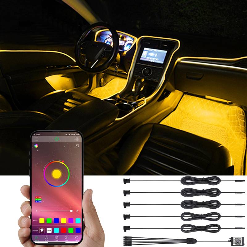 TABEN Auto-Umgebungsbeleuchtungs-Kit, 5 in 1 mit 6m Fiber Optic Multicoloured Car Atmosphere Lighting Kit, Musik-Rhythmus-Sound-Aktiver Speicherfunktion und Bluetooth-APP-Steuerung DC 12V von TABEN