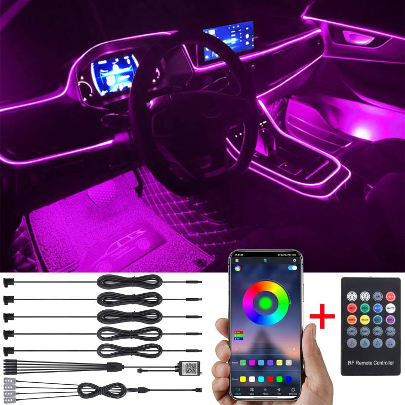 TABEN Auto Umgebungsbeleuchtungs Kit 6 m Glasfaser 64 Farben RF-Fernbedienung + APP-Steuerung USB Auto Fußraum Atmosphärenlicht, DIY 16 Millionen RGB Mehrfarbig Sound Musik Sync Auto Innenbeleuchtung von TABEN