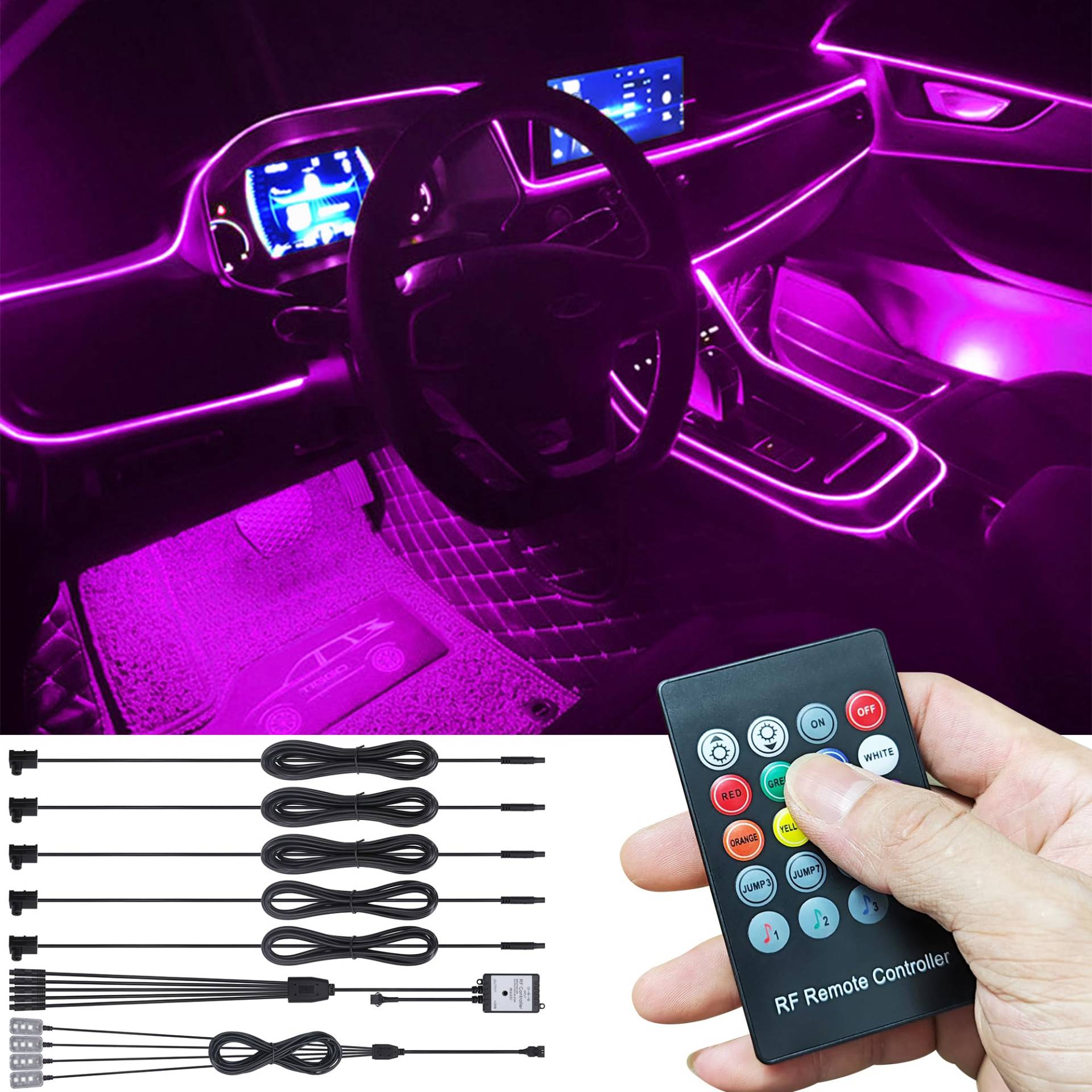 TABEN Auto Umgebungsbeleuchtungs Kit 6 m Glasfaser 64 Farben RF-Fernbedienung USB Auto Fußraum Atmosphärenlicht, DIY 16 Millionen RGB Mehrfarbig Sound Aktive Musik Sync Auto Innenbeleuchtung DC 12V von TABEN