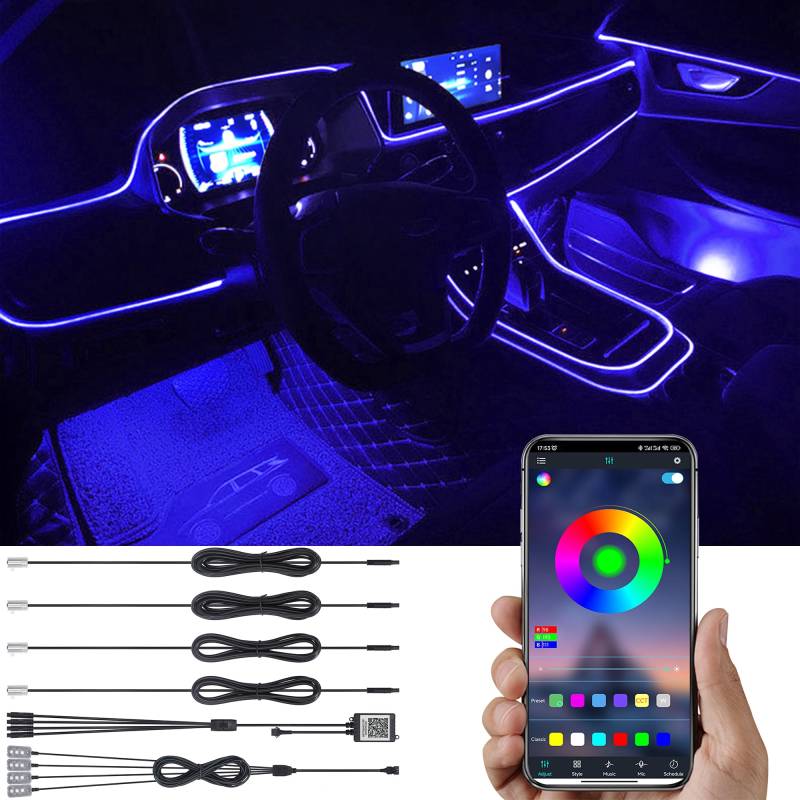 TABEN Auto Umgebungslicht APP Steuerung Dekorative Licht Lampe DIY Refit Flexibles Glasfaserrohr 64 Farben Innen Fußraum Beleuchtung Atmosphärenlicht 1W DC 12V 5m von TABEN