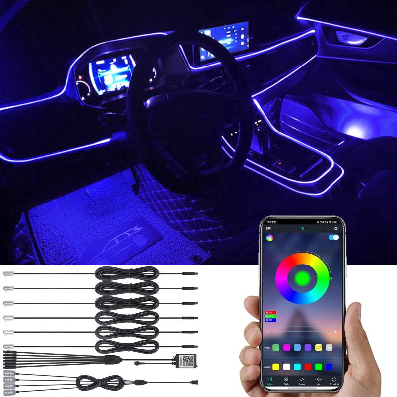 TABEN Auto Umgebungslicht APP Steuerung Dekorative Licht Lampe DIY Refit Flexibles Glasfaserrohr 64 Farben Innen Fußraum Beleuchtung Atmosphärenlicht 1W DC 12V 8m von TABEN