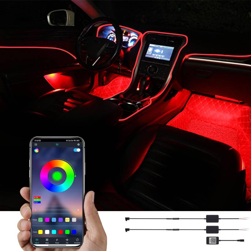 TABEN Auto-Umgebungslicht-Kit, 3 Meter integrierte Glasfaser-Beleuchtungssets für mehrfarbige Atmosphäre, Musik-Sync-Rhythmus-Sound-aktive Speicherfunktion, Bluetooth-APP-Steuerung, DC 12V-24V von TABEN