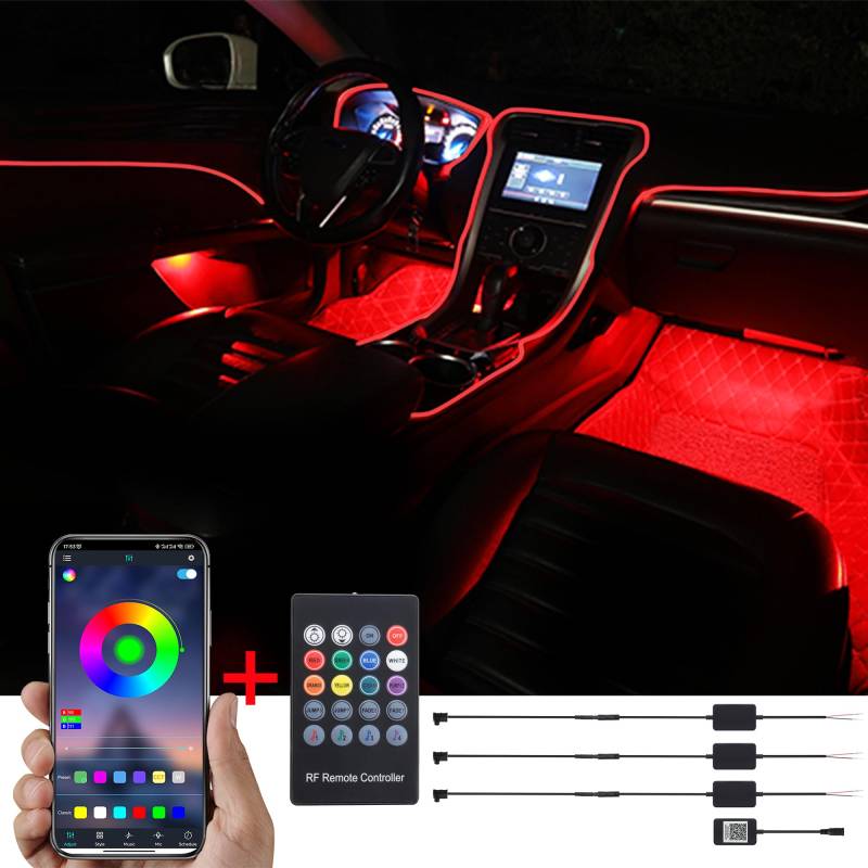 TABEN Auto-Umgebungslicht-Kit, 4 Meter Integrierte Glasfaser Mehrfarbige Atmosphärenbeleuchtung Musik Sync Sound Aktive Speicherfunktion, drahtlose Fernbedienung und Bluetooth APP-Steuerung 12V-24V von TABEN