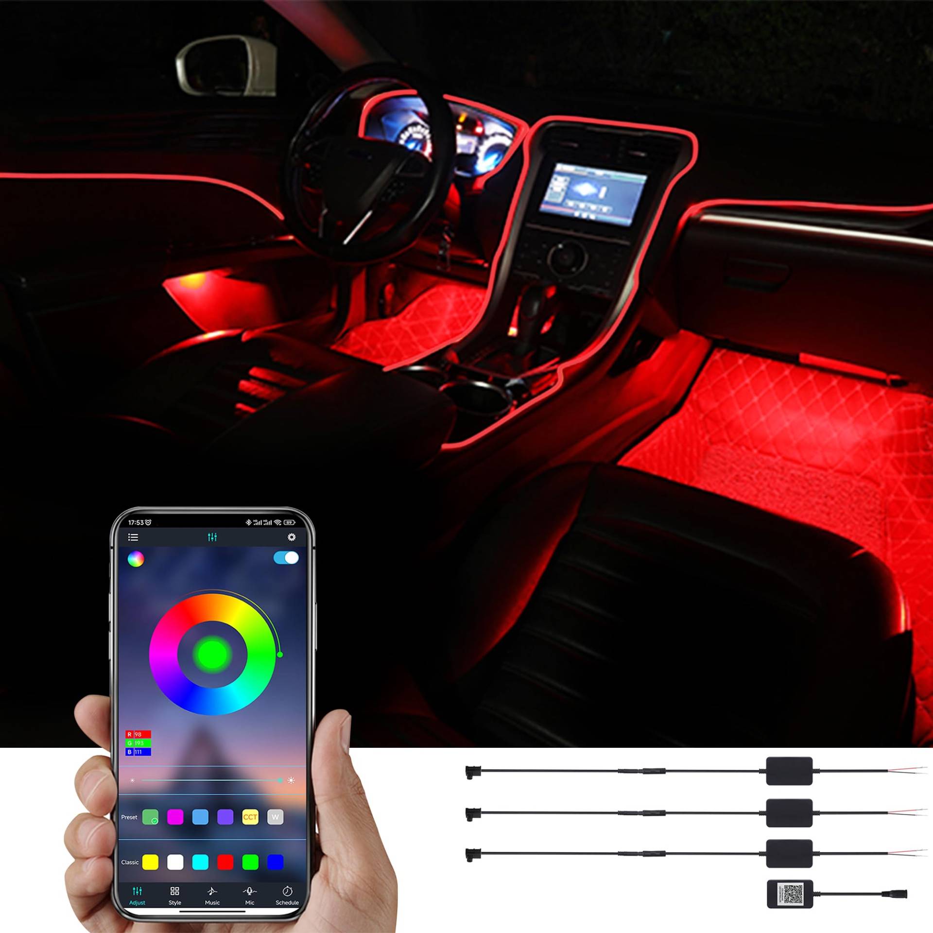 TABEN Auto-Umgebungslicht-Kit, 4 Meter integrierte Glasfaser-Beleuchtungssets für mehrfarbige Atmosphäre, Musik-Sync-Rhythmus-Sound-aktive Speicherfunktion, Bluetooth-APP-Steuerung, DC 12V-24V von TABEN