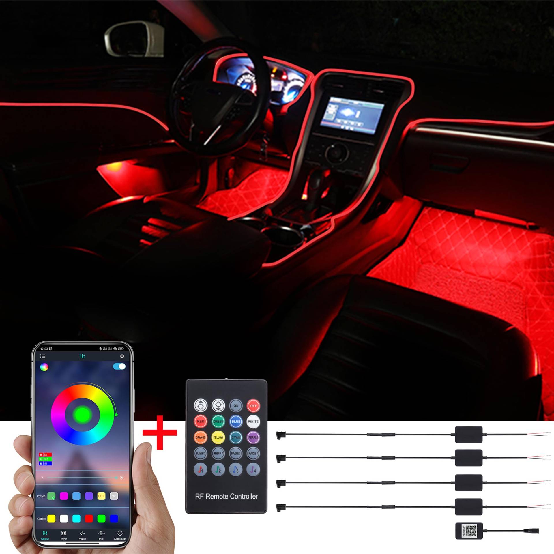 TABEN Auto-Umgebungslicht-Kit, 5 Meter Integrierte Glasfaser Mehrfarbige Atmosphärenbeleuchtung Musik Sync Sound Aktive Speicherfunktion, drahtlose Fernbedienung und Bluetooth APP-Steuerung 12V-24V von TABEN