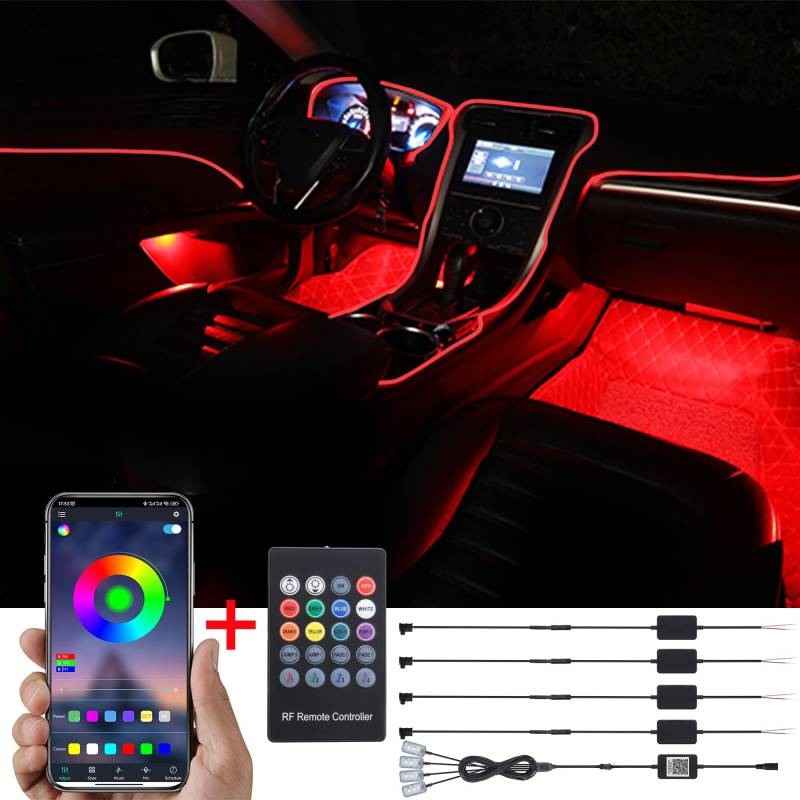 TABEN Auto Umgebungslicht Kit, 5 Meter Integrierte Glasfaser Mehrfarbige Fußraumbeleuchtung Musik Sync Sound Aktive Speicherfunktion Fernbedienung und Bluetooth APP Steuerung 12V-24V von TABEN