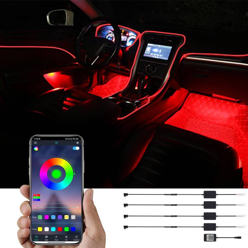 TABEN Auto-Umgebungslicht-Kit, 5 Meter integrierte Glasfaser-Beleuchtungssets für mehrfarbige Atmosphäre, Musik-Sync-Rhythmus-Sound-aktive Speicherfunktion, Bluetooth-APP-Steuerung, DC 12V-24V von TABEN