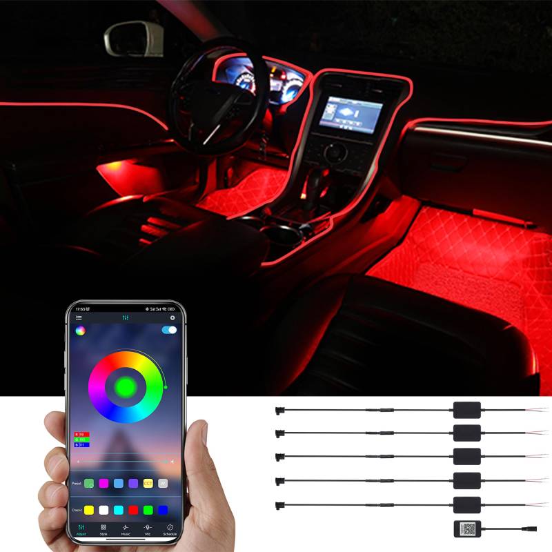 TABEN Auto-Umgebungslicht-Kit, 6 Meter integrierte Glasfaser-Beleuchtungssets für mehrfarbige Atmosphäre, Musik-Sync-Rhythmus-Sound-aktive Speicherfunktion, Bluetooth-APP-Steuerung, DC 12V-24V von TABEN