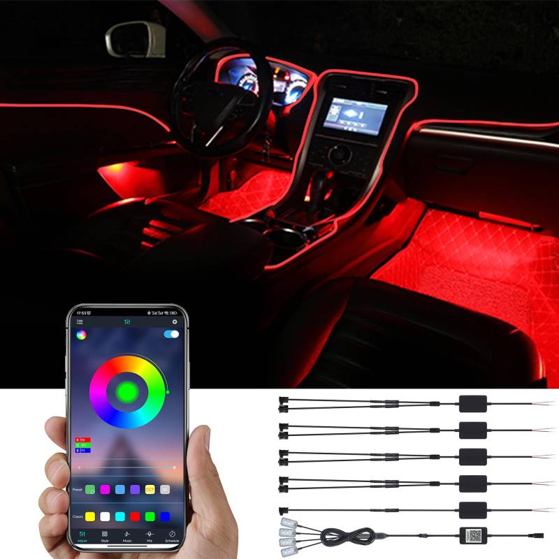 TABEN Auto-Umgebungslicht-Kit, 6 Meter integrierte Glasfaser mehrfarbige Fußraum-Atmosphäre-Beleuchtungs-Kits, Musik-Sync-Rhythmus-Sound-aktive Speicherfunktion, Bluetooth-APP-Steuerung, DC 12V-24V von TABEN