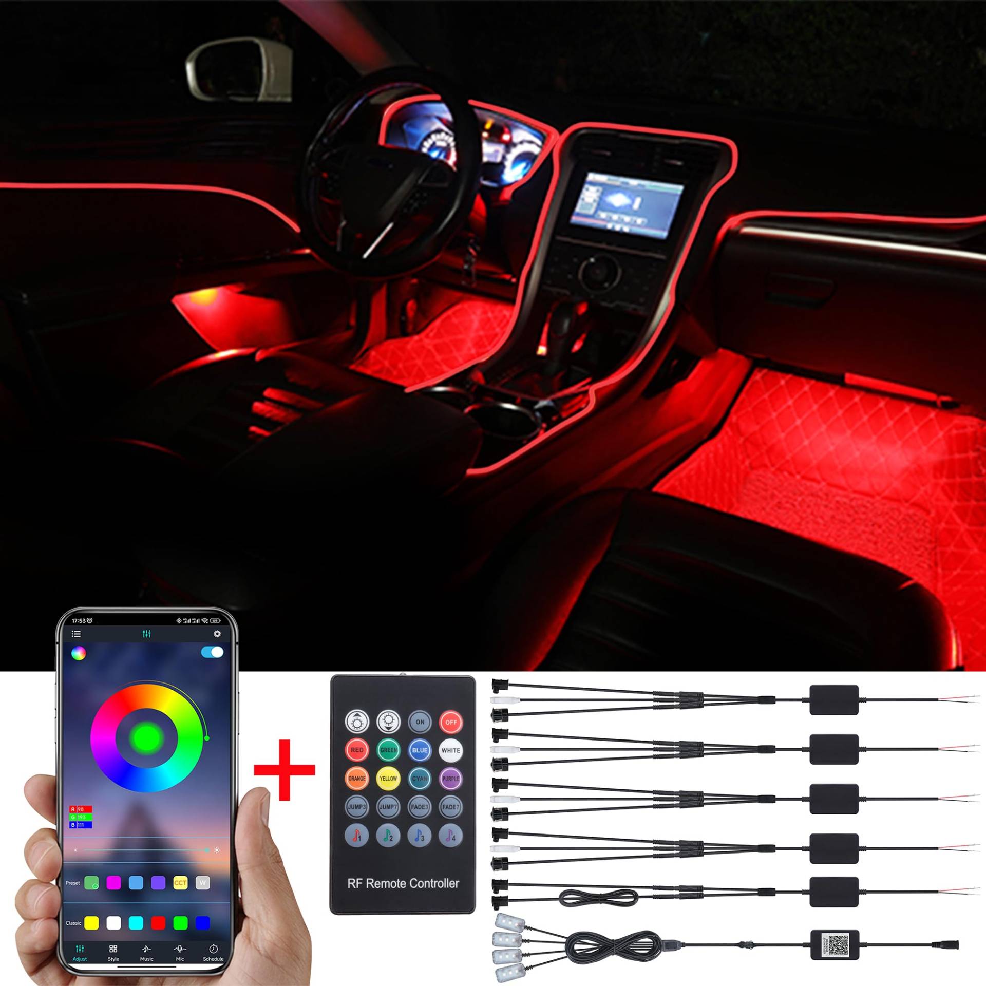 TABEN Auto-Umgebungslicht-Kit, 8 Meter Integrierte Glasfaser Mehrfarbiger Fußraum Atmosphärenbeleuchtung Musik Sync Sound Aktive Speicherfunktion Fernbedienung und Bluetooth APP-Steuerung DC 12V-24V von TABEN