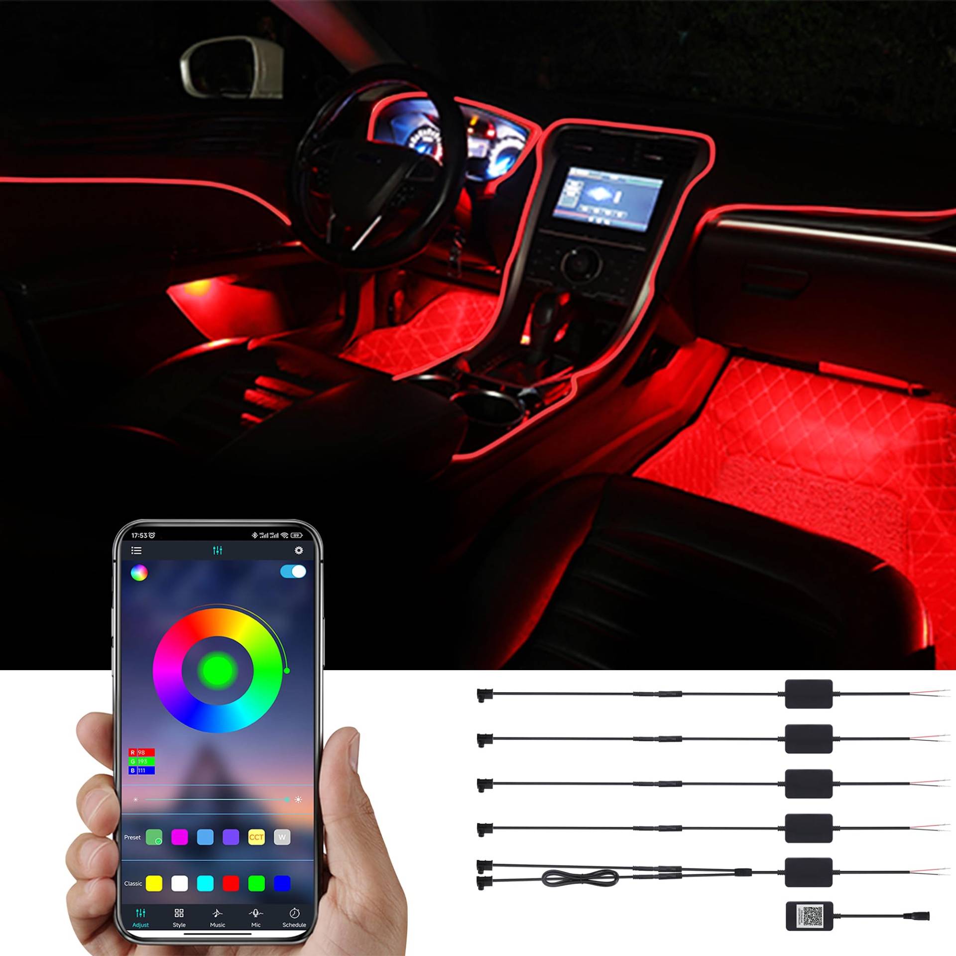 TABEN Auto-Umgebungslicht-Kit, 8 Meter integrierte Glasfaser-Beleuchtungssets für mehrfarbige Atmosphäre, Musik-Sync-Rhythmus-Sound-aktive Speicherfunktion, Bluetooth-APP-Steuerung, DC 12V-24V von TABEN