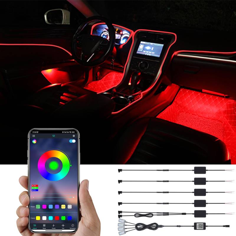 TABEN Auto-Umgebungslicht-Kit, 8 Meter integrierte Glasfaser-Mehrfarbige Fußraum-Atmosphäre-Beleuchtungs-Kits, Musik-Sync-Rhythmus-Sound-Aktive Speicherfunktion, Bluetooth-APP-Steuerung, DC 12V-24V von TABEN