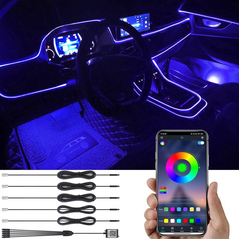 TABEN Auto Umgebungslicht RGB APP Steuerung Dekorative Lampe DIY Refit Flexibles Glasfaserrohr 64 Farben Innenbeleuchtung Atmosphärenlicht 1W DC 12V 6m von TABEN