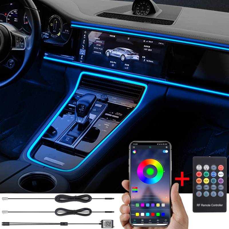 TABEN Auto Umgebungslicht RGB-Fernbedienung + APP-Steuerung Dekorative Lampe DIY Refit Flexibles Glasfaserrohr 64 Farben Innenbeleuchtung Atmosphärenlicht 1W DC 12V 3m von TABEN