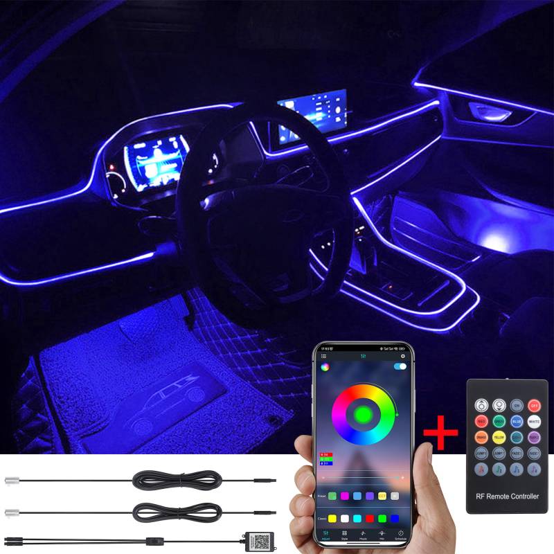 TABEN Auto Umgebungslicht RGB Fernbedienung + APP Steuerung Dekorative Lampe DIY Refit Flexibles Glasfaserrohr 64 Farben Innenbeleuchtung Atmosphärenlicht 1W DC 12V 3m von TABEN