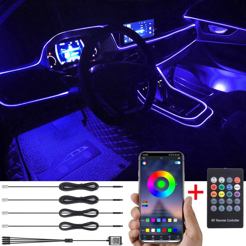 TABEN Auto Umgebungslicht RGB Fernbedienung + APP-Steuerung Dekorative Lampe DIY Refit Flexibles Glasfaserrohr 64 Farben Innenbeleuchtung Atmosphärenlicht 1W DC 12V 4m von TABEN