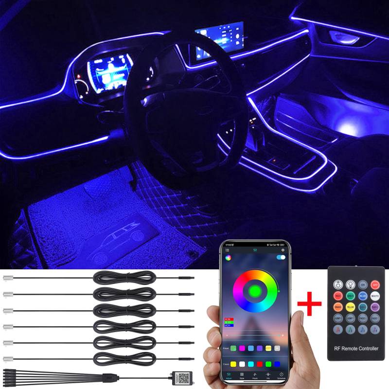 TABEN Auto Umgebungslicht RGB Fernbedienung + APP-Steuerung Dekorative Lampe DIY Refit Flexibles Glasfaserrohr 64 Farben Innenbeleuchtung Atmosphärenlicht 1W DC 12V 8m von TABEN