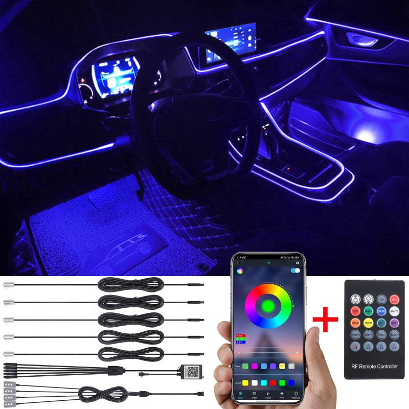 TABEN Auto Umgebungslicht RGB-Fernbedienung + APP-Steuerung Dekorative Lampe DIY Refit Flexibles Glasfaserrohr 64 Farben Innenraum Fußraumbeleuchtung Atmosphärenlicht 1W DC 12V 6m von TABEN