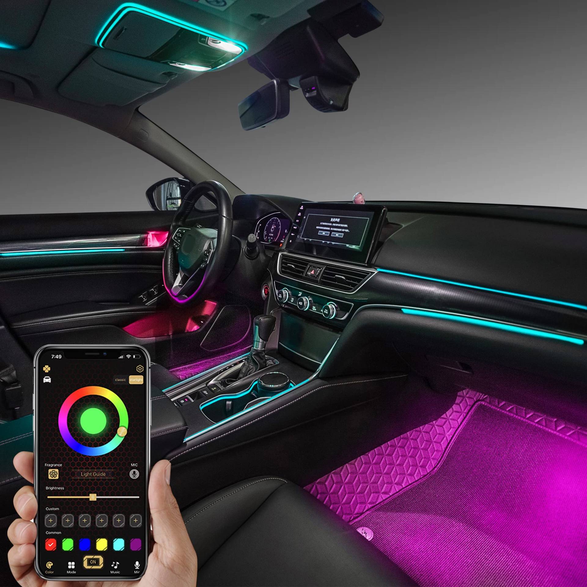 TABEN Digital RGB Auto Umgebungsbeleuchtung Kit 1.1mm Lichtleiste Upgrade DREI Zone Farbänderung App + RF Remote + Touch + Taste Steuerung, 16,7 Millionen Farben Musiksynchronisation Drahtlose Module von TABEN
