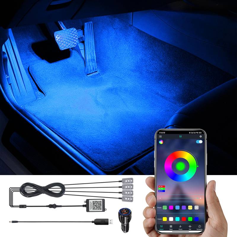 TABEN RGB Auto Fußraum Ambientebeleuchtung Kit APP-Steuerung 16.7 Millionen Farben Sound Aktive Musik Sync Autoladegerät + USB Kabel Car Innenraum Fußraum Atmosphäre Licht DC 12V von TABEN