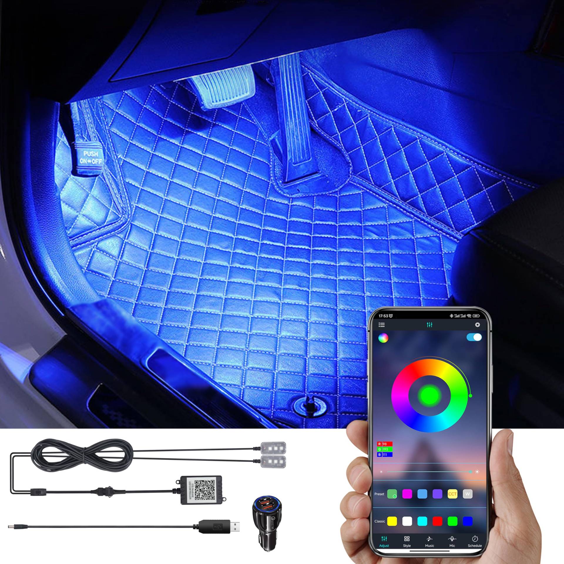 TABEN RGB Auto Fußraum Ambientebeleuchtung Kit APP-Steuerung 16.7 Millionen Farben Sound Aktive Musik Sync Autoladegerät + USB Kabel Car Innenraum Fußraum Atmosphäre Licht DC 12V von TABEN