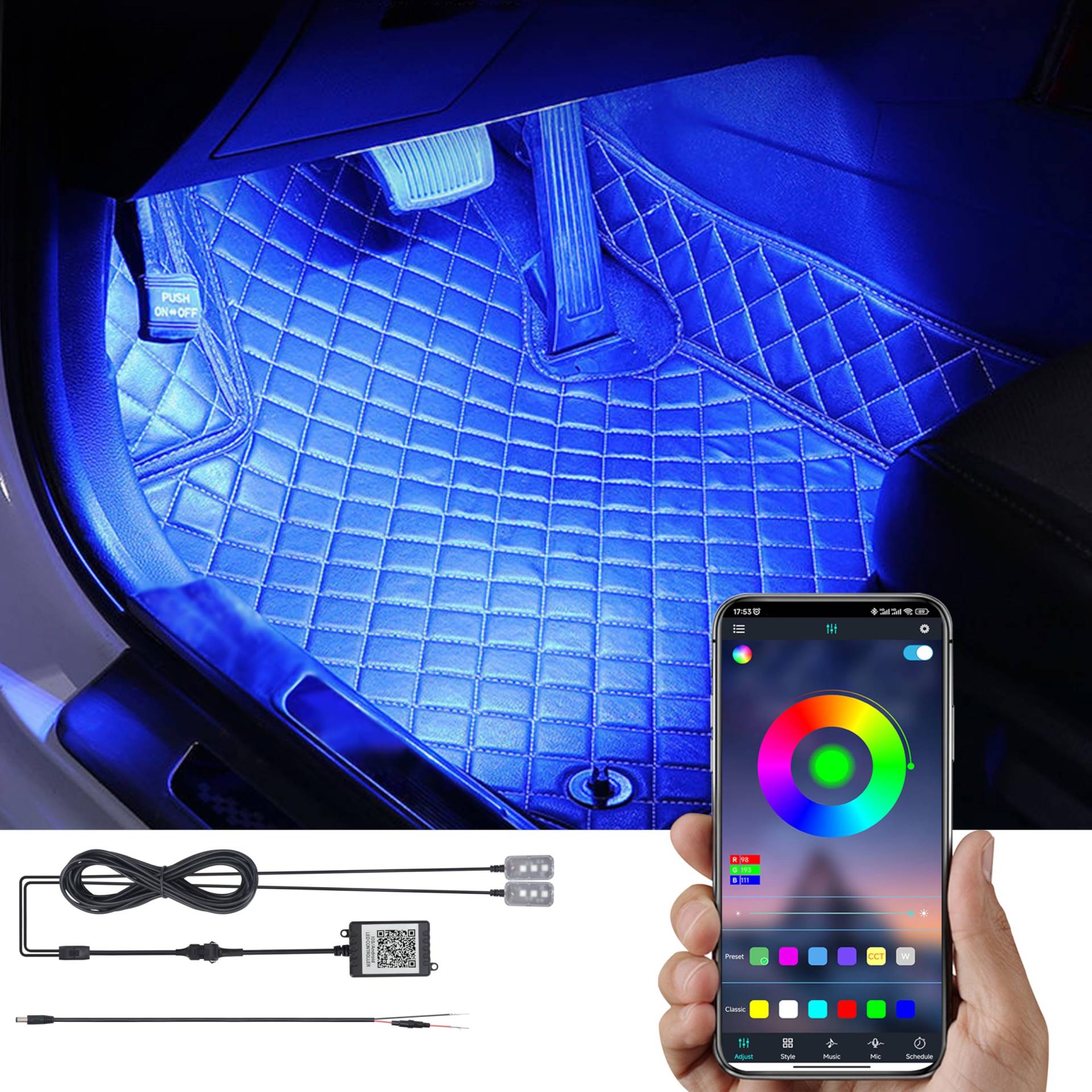 TABEN RGB Auto Fußraum Ambientebeleuchtung Kit APP-Steuerung 16.7 Millionen Farben Sound Aktive Musik Sync DC-Leitung Car Innenraum Fußraum Atmosphäre Licht DC 12V von TABEN