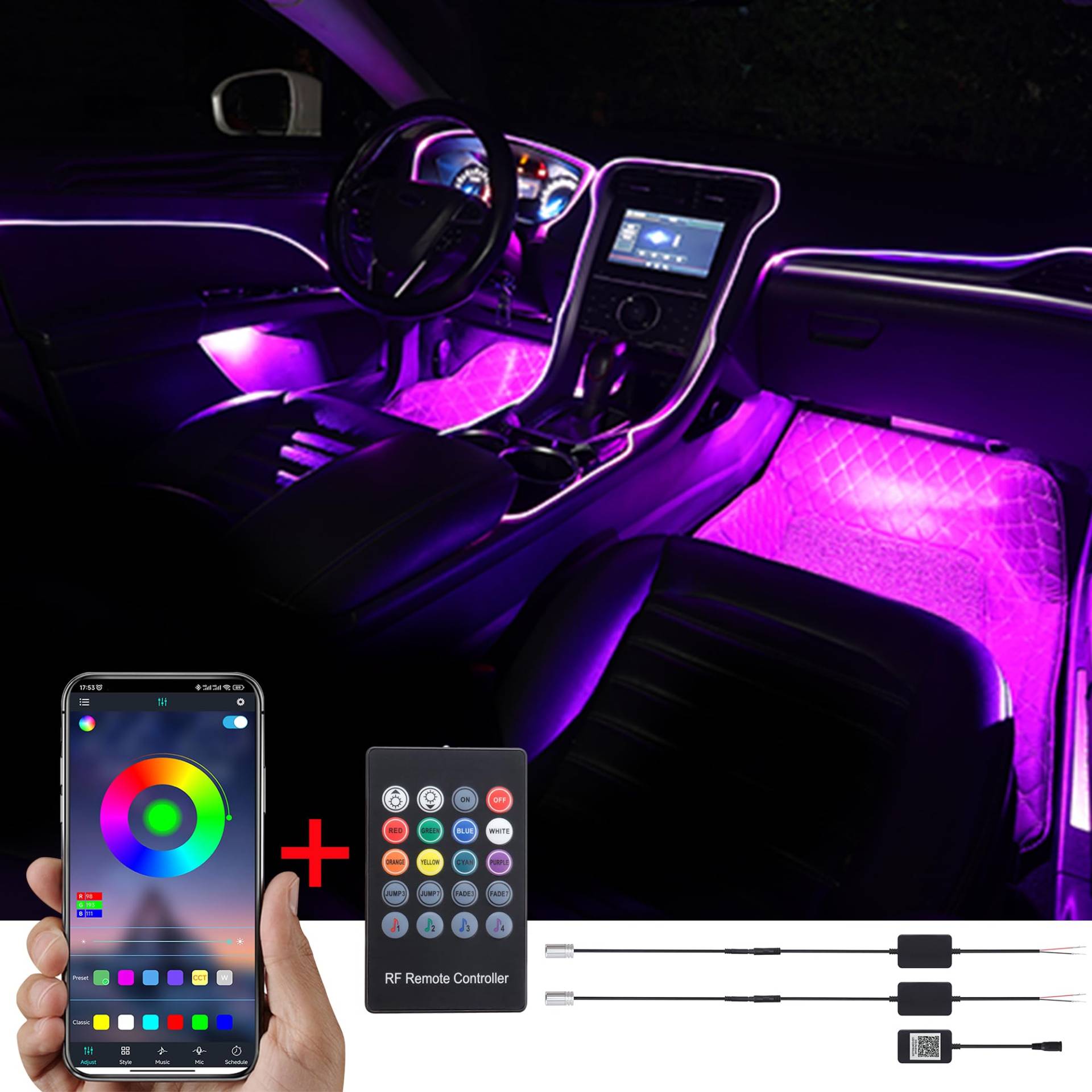 TABEN Umgebungslicht APP Control + RGB-Fernbedienung Auto Atmosphärenlicht Lampe Soft DIY Refit 3 m Glasfaserband 64 Farben Innenbeleuchtung Dekoratives Licht 1W DC 12V-24V von TABEN