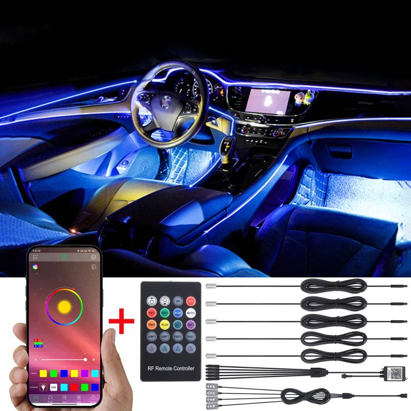 TABEN Umgebungslicht APP Control + RGB-Fernbedienung Auto Atmosphärenlicht Lampe Weiche DIY Refit Glasfaserband 64 Farben Innenraum Fußraumbeleuchtung Dekoratives Licht 1W DC 12V 6m von TABEN