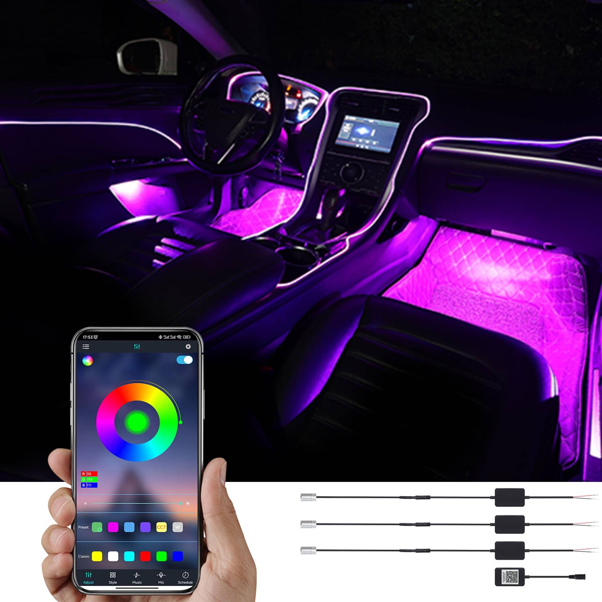 TABEN Umgebungslicht APP Control Auto Atmosphäre Licht Lampe Soft DIY Refit 4m Glasfaserband 64 Farben Innenbeleuchtung Dekoratives Licht 1W DC 12V-24V von TABEN