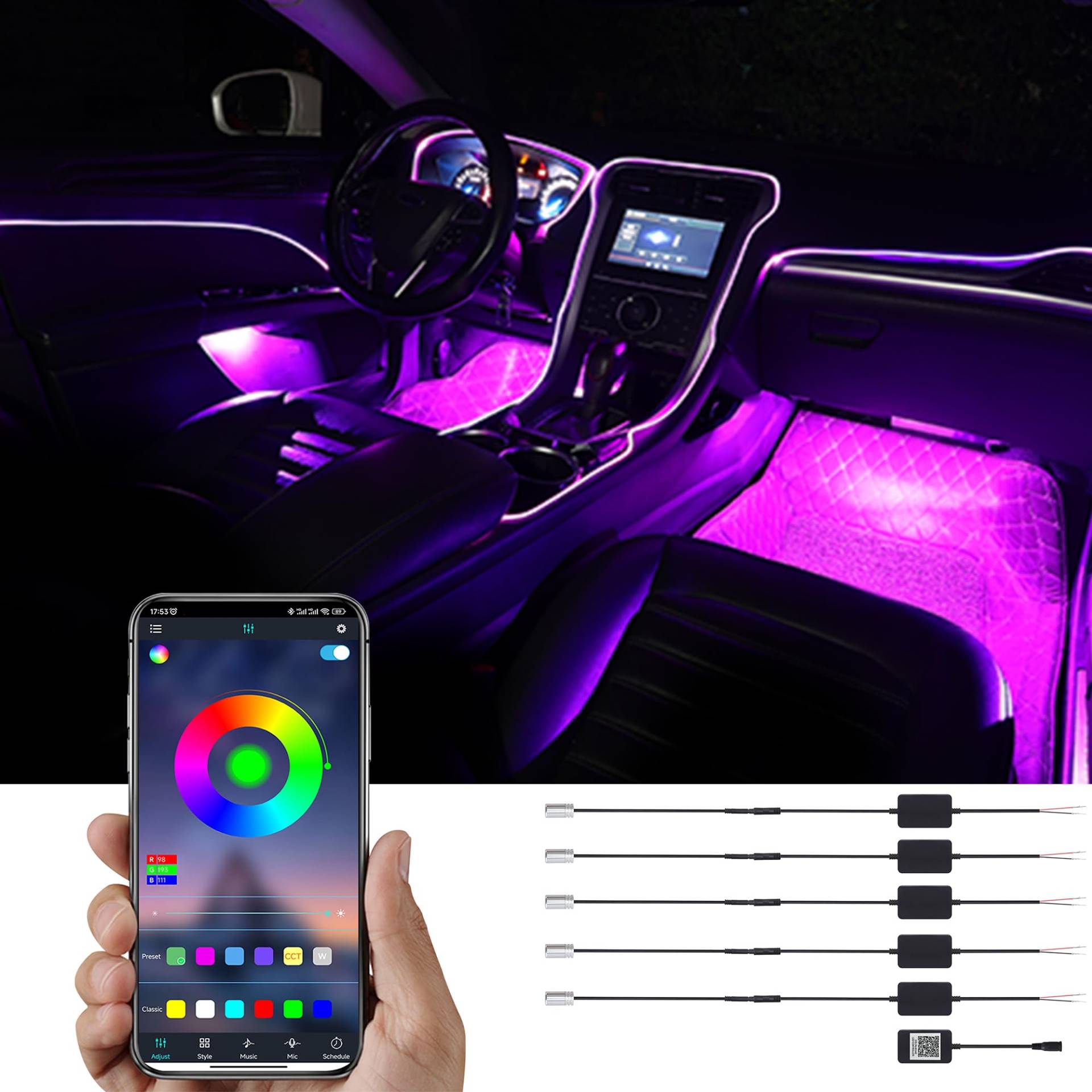 TABEN Umgebungslicht APP Control Auto Atmosphäre Licht Lampe Soft DIY Refit 6m Glasfaserband 64 Farben Innenbeleuchtung Dekoratives Licht 1W DC 12V-24V von TABEN