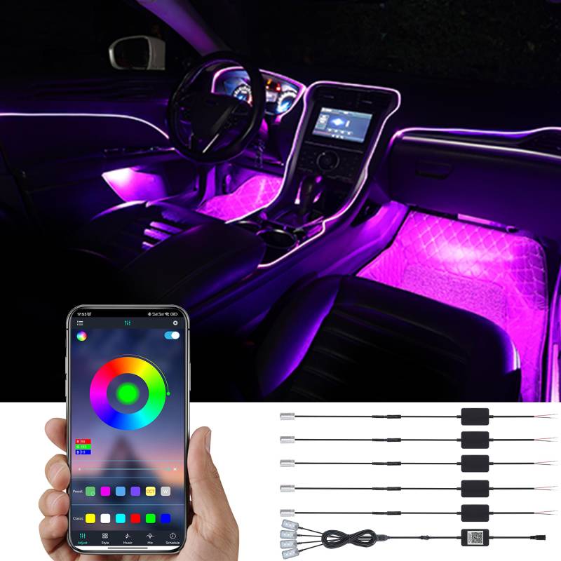 TABEN Umgebungslicht APP Control Auto Atmosphäre Licht Lampe Soft DIY Refit 6m Glasfaserband 64 Farben Innenraum Fußraumbeleuchtung Dekoratives Licht 1W DC 12V-24V von TABEN