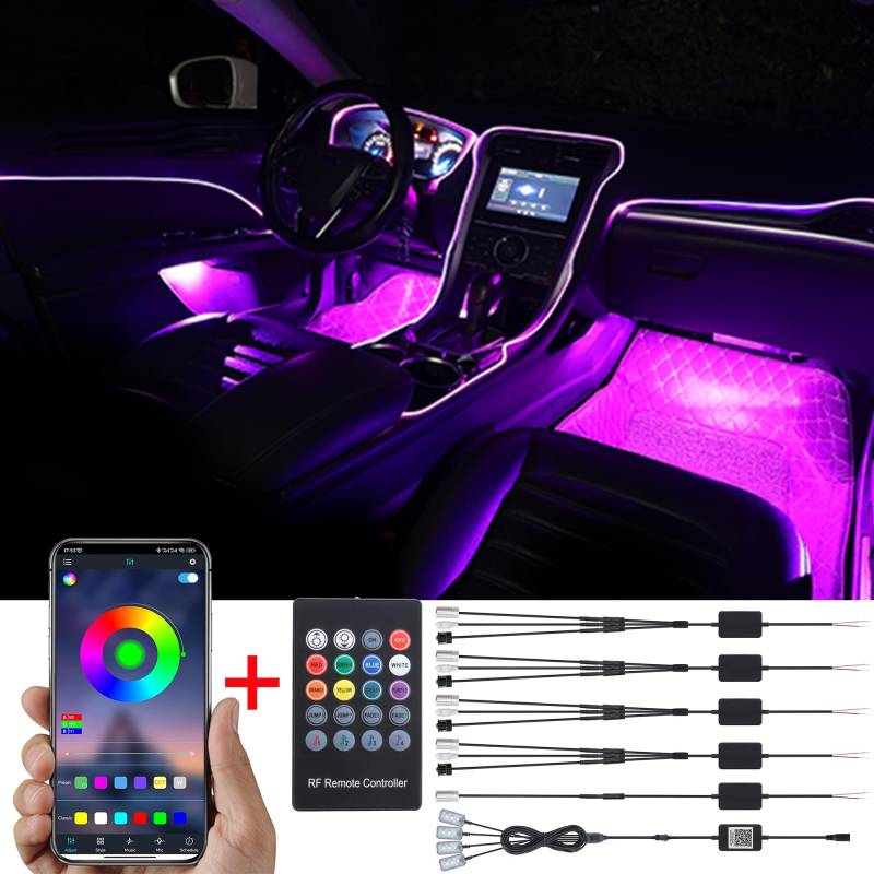 TABEN Umgebungslicht APP-Steuerung + RGB-Fernbedienung Auto Atmosphärenlicht Lampe Weiche DIY Refit 6m Glasfaserband 64 Farben Innenraum Fußraumbeleuchtung Dekoratives Licht 1W DC 12V-24V von TABEN