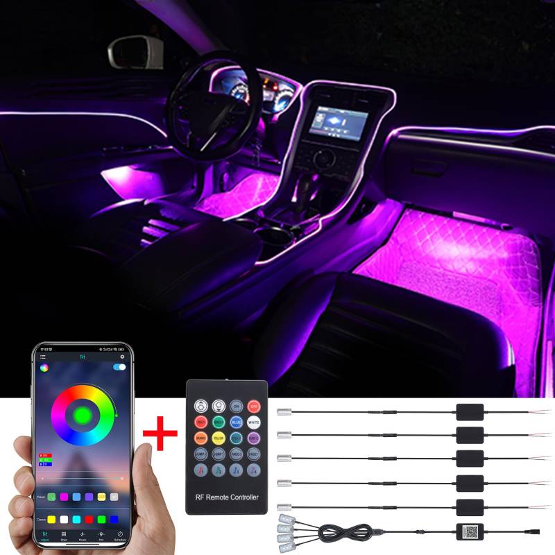 TABEN Umgebungslicht APP-Steuerung + RGB-Fernbedienung Auto Atmosphärenlicht Lampe Weiche DIY Refit 6m Glasfaserband 64 Farben Innenraum Fußraumbeleuchtung Dekoratives Licht 1W DC 12V-24V von TABEN