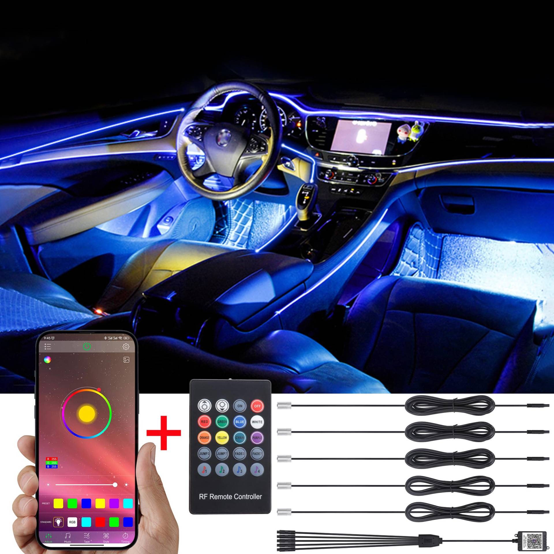 TABEN Umgebungslicht APP-Steuerung + RGB-Fernbedienung Auto Atmosphärenlicht Lampe Weiche DIY Refit Glasfaserband 64 Farben Innenbeleuchtung Dekoratives Licht 1W DC 12V 6m von TABEN