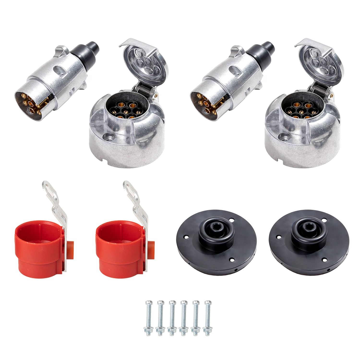 TAEUYYM 2 Stück Anhänger Stecker Steckdose 7 Polig, 12V Wasserdicht Aluminiumlegierung Anhänger Stecker Steckdose 7 Polig, Mit Anhängerstecker Halter und Steckdose Gummidichtung, Für Anhänger LKW KFZ von TAEUYYM