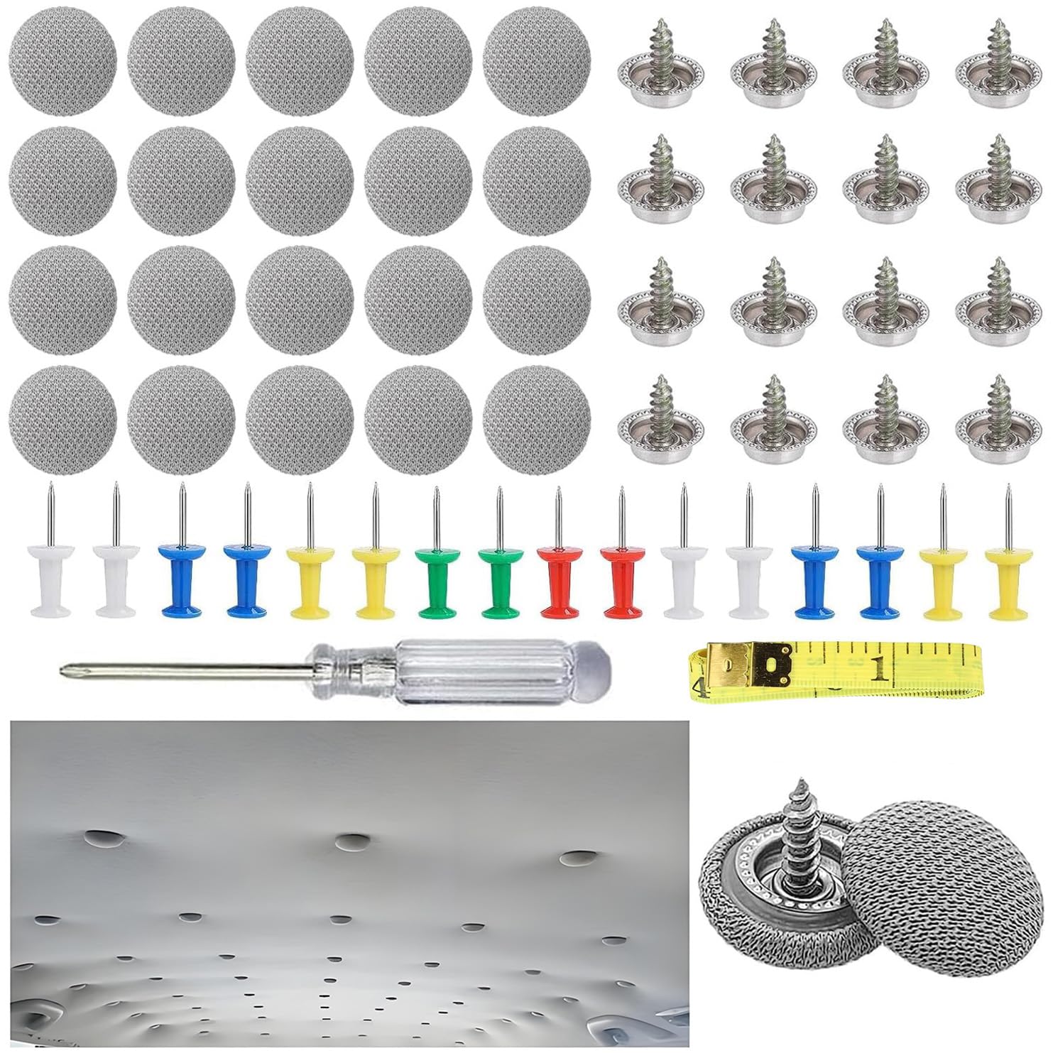 65 Stück Dachhimmel Reparatur Set, KFZ Reparatur Nieten, Universal Auto Dachhimmel Reparatur Knopf, Autohimmel Reparatur Set, mit Stecknadeln Schraubendreher Maßband für Alle Autos von TAIHE