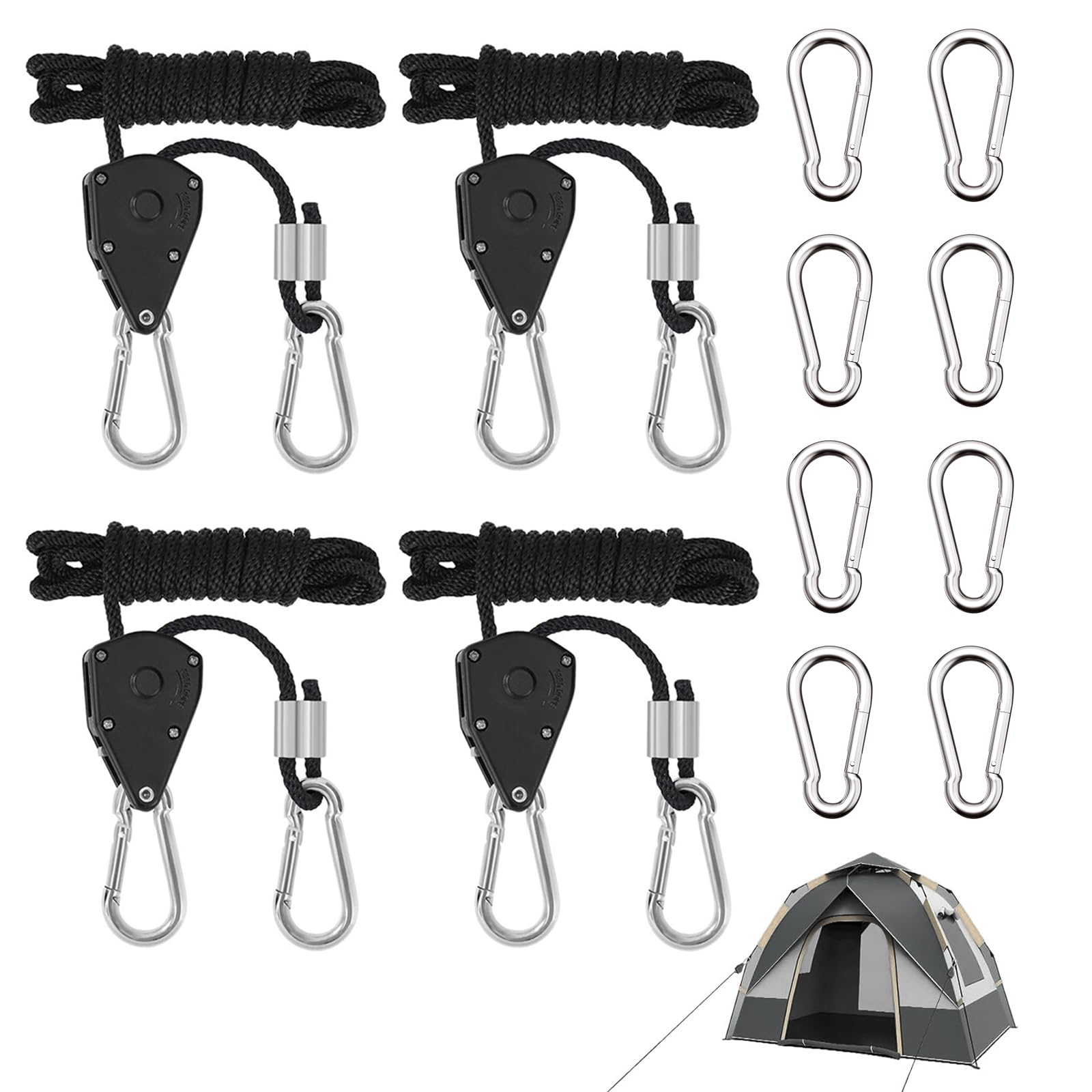 TAIHOBO 4PCS 1/8 Zoll 2,4m Seilspanner mit 8 Karabiner, Traglast von 68kg(150LB) Flaschenzug, Seilzug mit Ratsche Leicht Verstellbares und Benutzerfreundliches, Seilratsche mit Haken für Zeltspanner von TAIHOBO