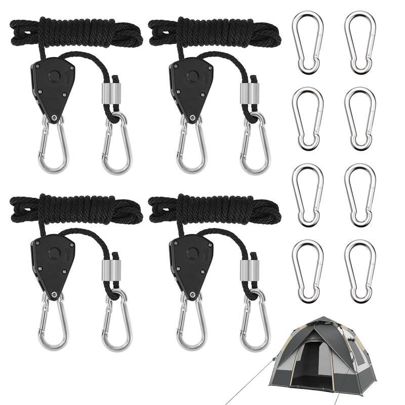 TAIHOBO 4PCS Seilspanner mit 8 Karabiner, Traglast von 68kg Flaschenzug, 2,4m Seilzug mit Ratsche Leicht Verstellbares und Benutzerfreundliches, 1/8 Zoll Seilratsche mit Haken für Zeltspanner von TAIHOBO