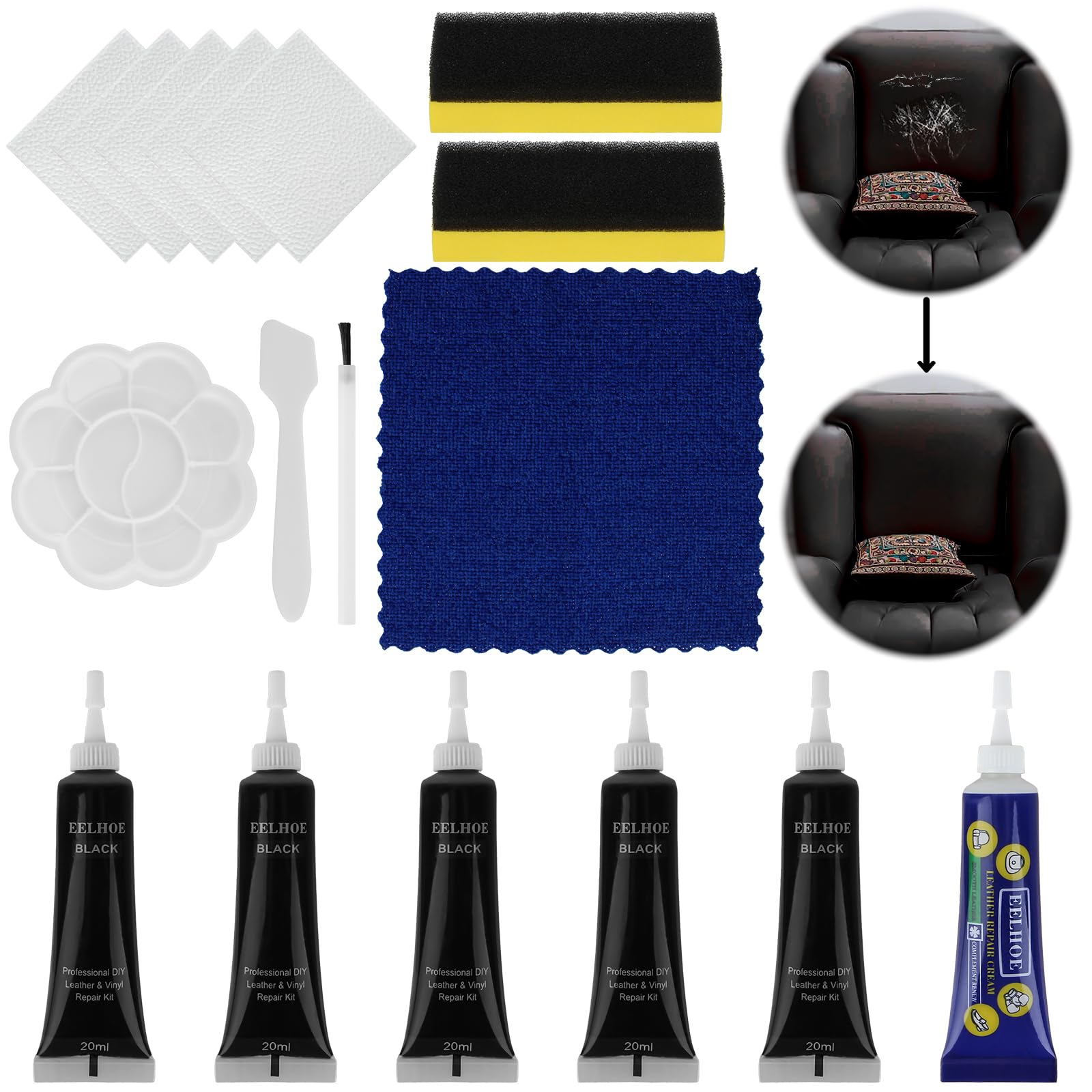 TAIHOBO Leder Reparatur Set Schwarz, 5 Stück 20ml Flüssigleder Schwarz, Kunstleder Reparaturset, Lederreparaturset Schwarz für Autositze Sofas Lederjacke Schuhe Kunstleder Reparieren von TAIHOBO