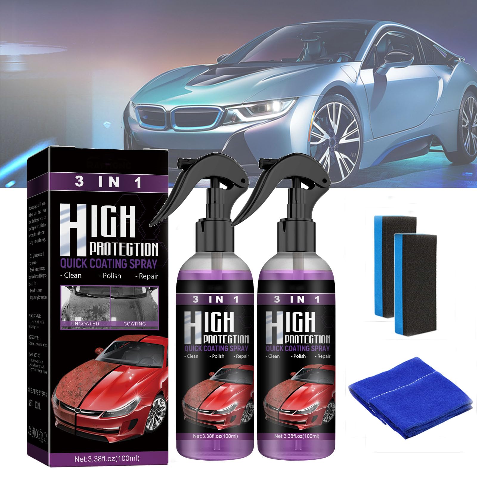 3-in-1-Spray mit hohem Schutz, 3-in-1-Schnellbeschichtungsspray für Autos mit hohem Schutz, Autopolitur, multifunktionales Beschichtungserneuerungsmittel, Nano-Kratzspray für Autos (100ML-Set,2PC) von TAITUS