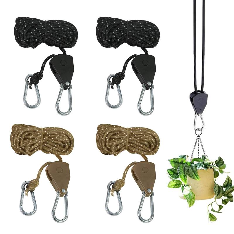 4 Stück Ratchet Hanger, Einstellbare Seil Ratsche mit Haken 1/8 Zoll Reflektierend Seilratsche Seilspanner, 4m x 4mm Seilaufhänger für Zelt Zeltplane Sonnensegel Zimmerpflanzen Camping von TAIXING