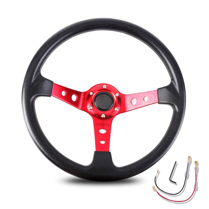 Sportlenkrad 350mm Racing Lenkrad Universal Drifting Deep Dish Sports Lenkrad 6 Bolzen Griff Vinylleder mit Hornknopf Holzlenkrad(Red) von TANGSIYANG