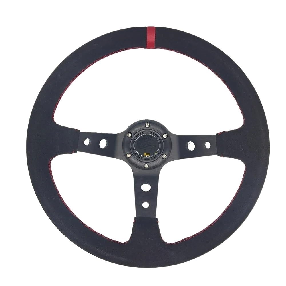 Sportlenkrad Universal 14 Zoll 350mm Wildleder/PVC Auto Zubehör Racing Lenkräder Deep Corn Drifting Sport Auto Lenkung Holzlenkrad(Suede-Black-Red) von TANGSIYANG