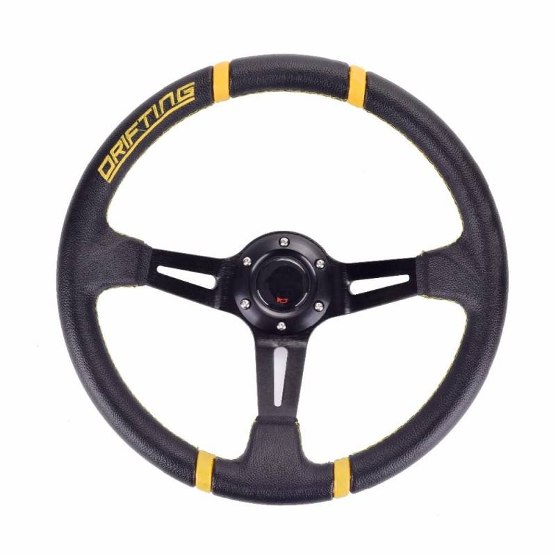 Sportlenkrad Universal 350mm 14inch Sport Lenkrad Tiefen Trupping Racing Lenkrad Aluminiumhalterung mit Hornknopf Holzlenkrad(Yellow Stripes) von TANGSIYANG