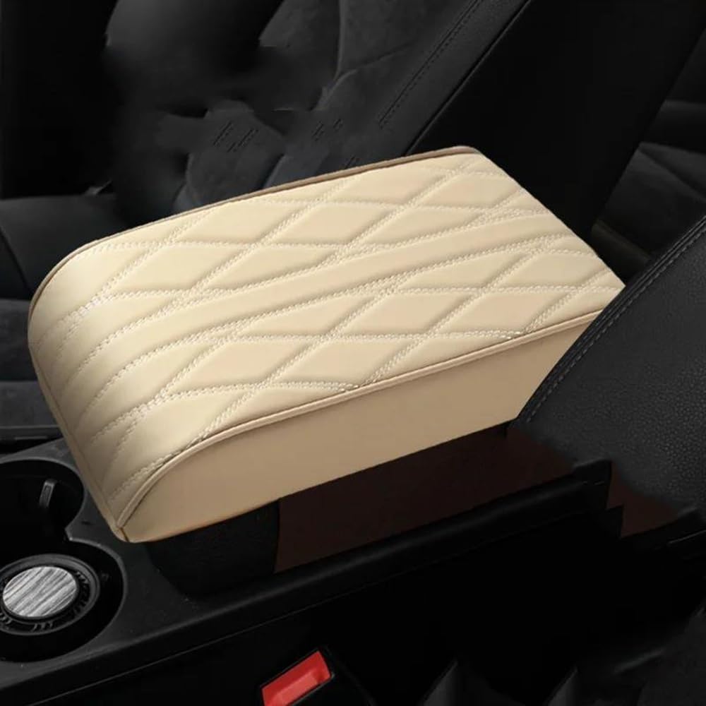 Aufbewahrungsbox Mittelkonsole Armlehne Schutz Kissen Welle Sticken PU Leder Auto Armlehne Matte Auto Armlehnen Lagerung Box Abdeckung Pad FB(Beige) von TASEKI