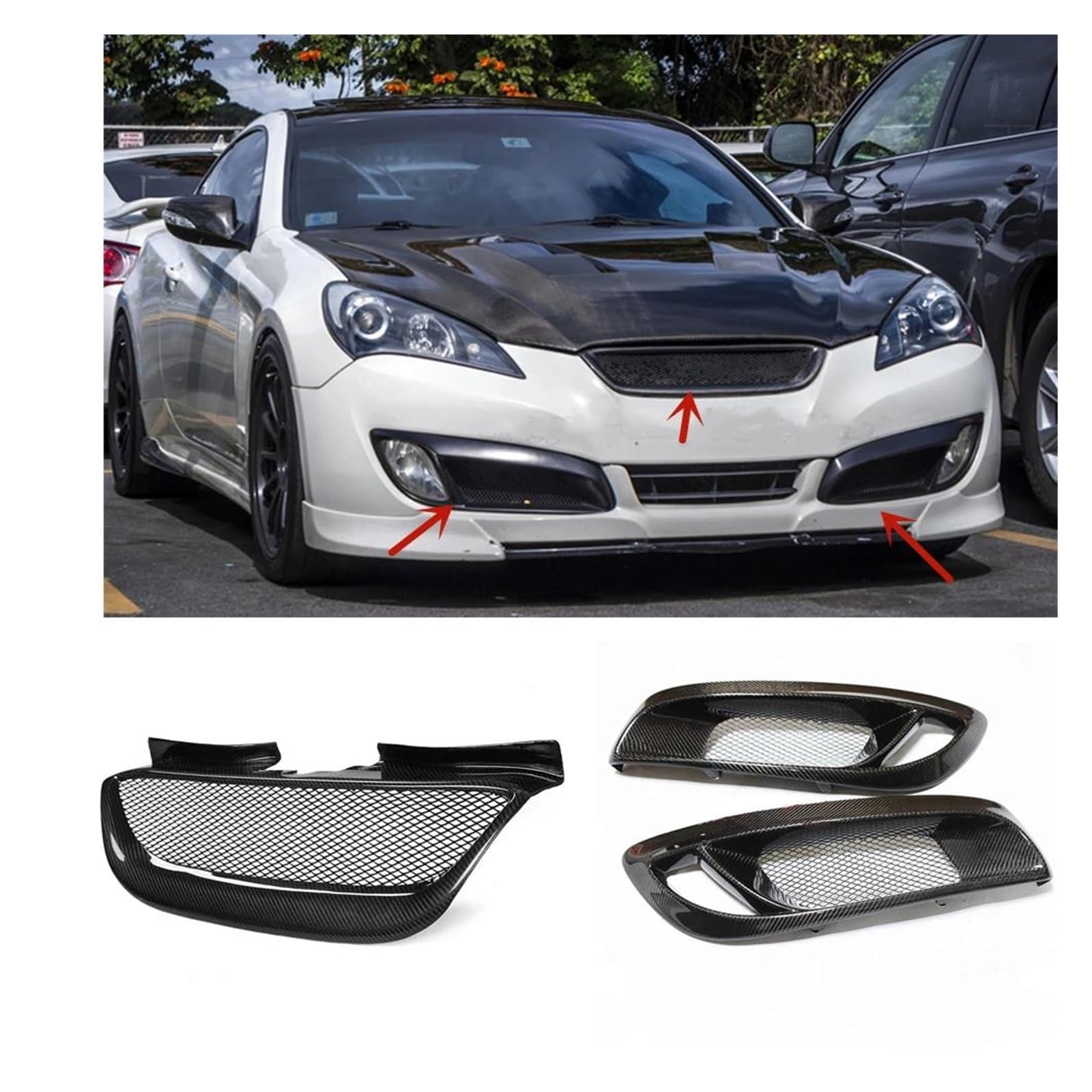 Auto Kühlergrill Für Hyundai Für Genesis Coupe 2008-2012 Kühlergrill + Nebel Licht Abdeckung Grill Carbon Fiber Bumper Hood Mesh Lampe Air Intake Vent Rahmen Front Kühlergrill von TASEKI